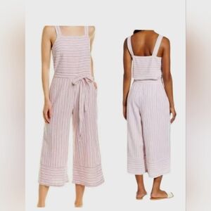 2305)Beach Lunch Lounge Sleeveless Striped Linen blend Tie Waist Jumpsuit Size L